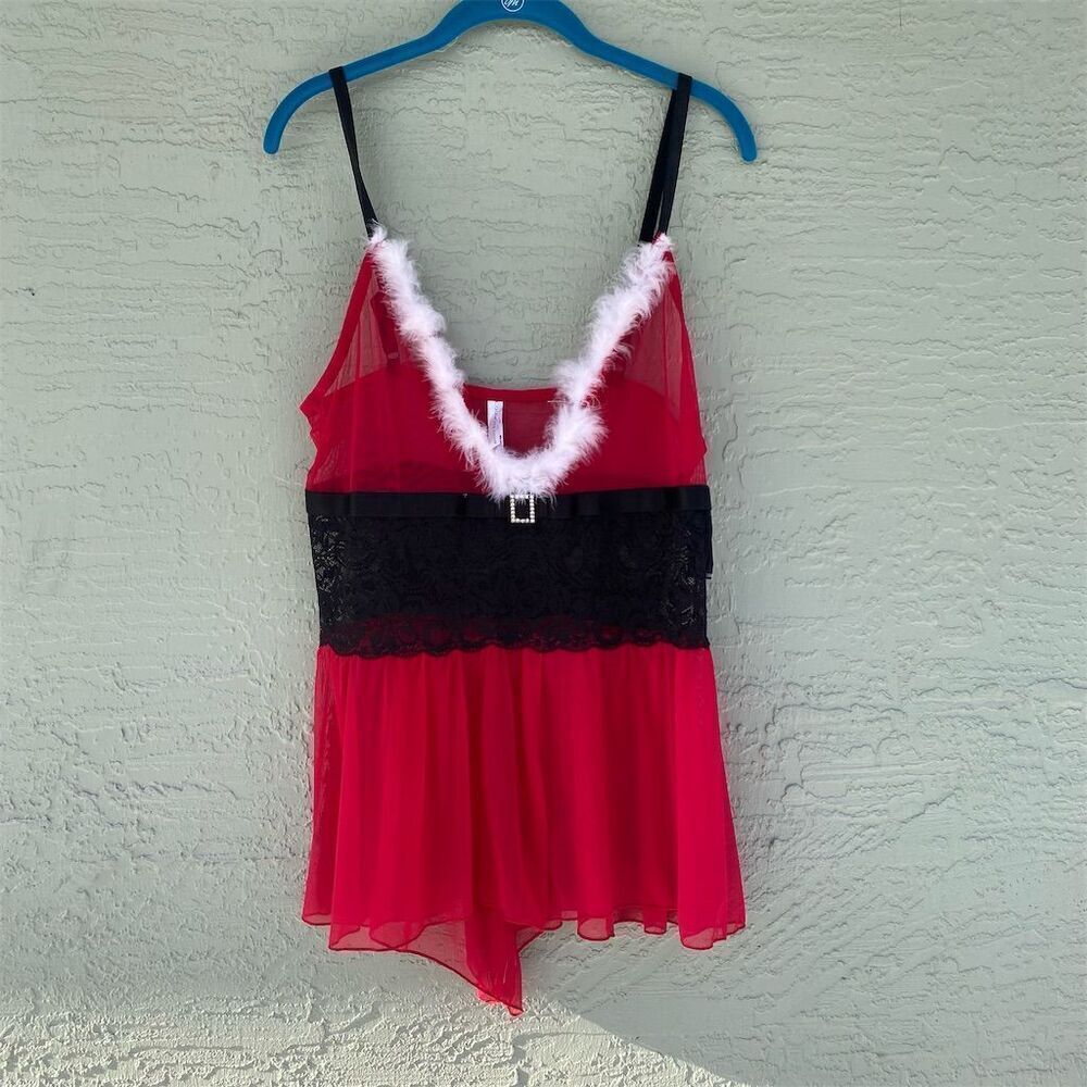 Coquette Women's Crotchless Teddy XL Red/White/Black Feather Trim Lace